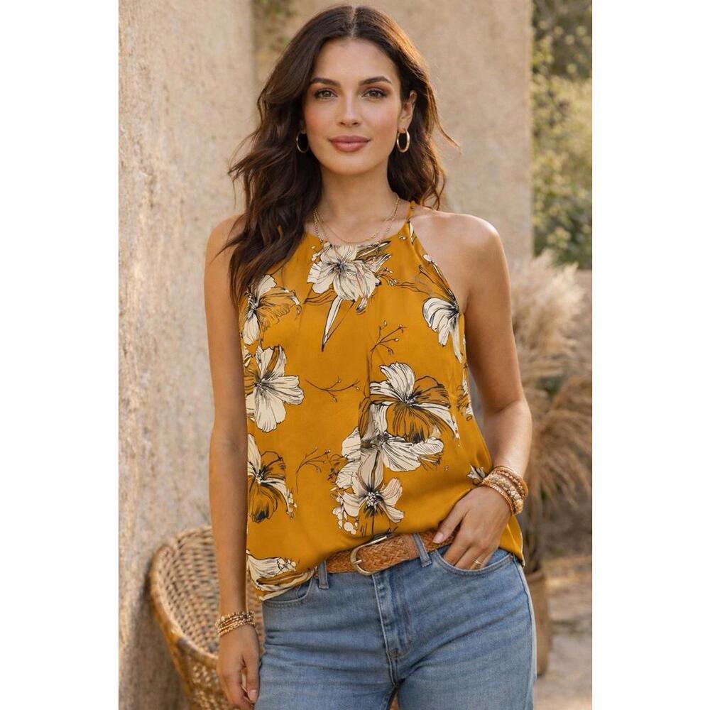 NWT Hayden Mustard Floral Halter Top Lined Sleveless Boutique Blouse